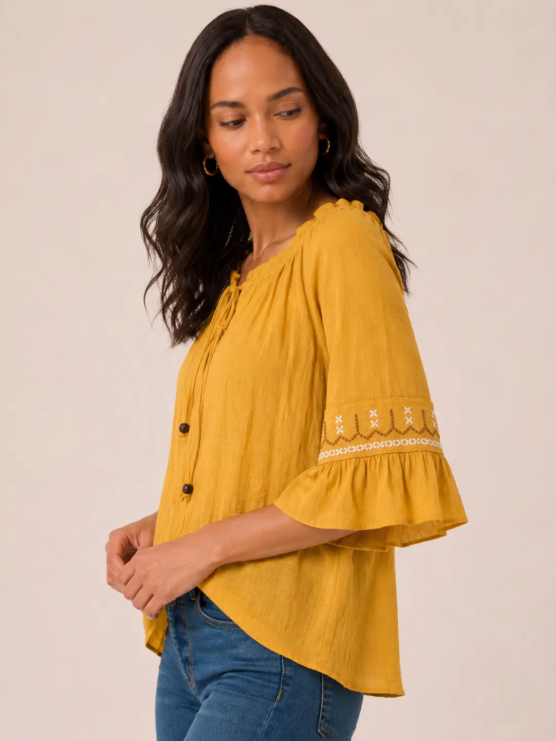 Amber Bloom Embroidery Peasant Top