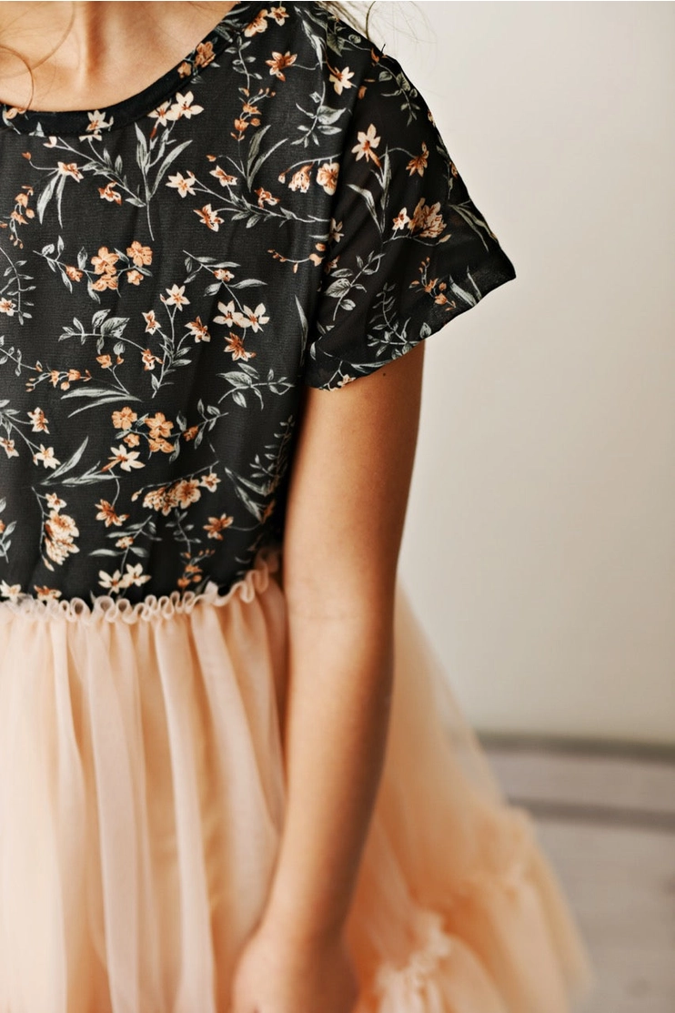 Girls Black + Peach Floral Tulle Dress