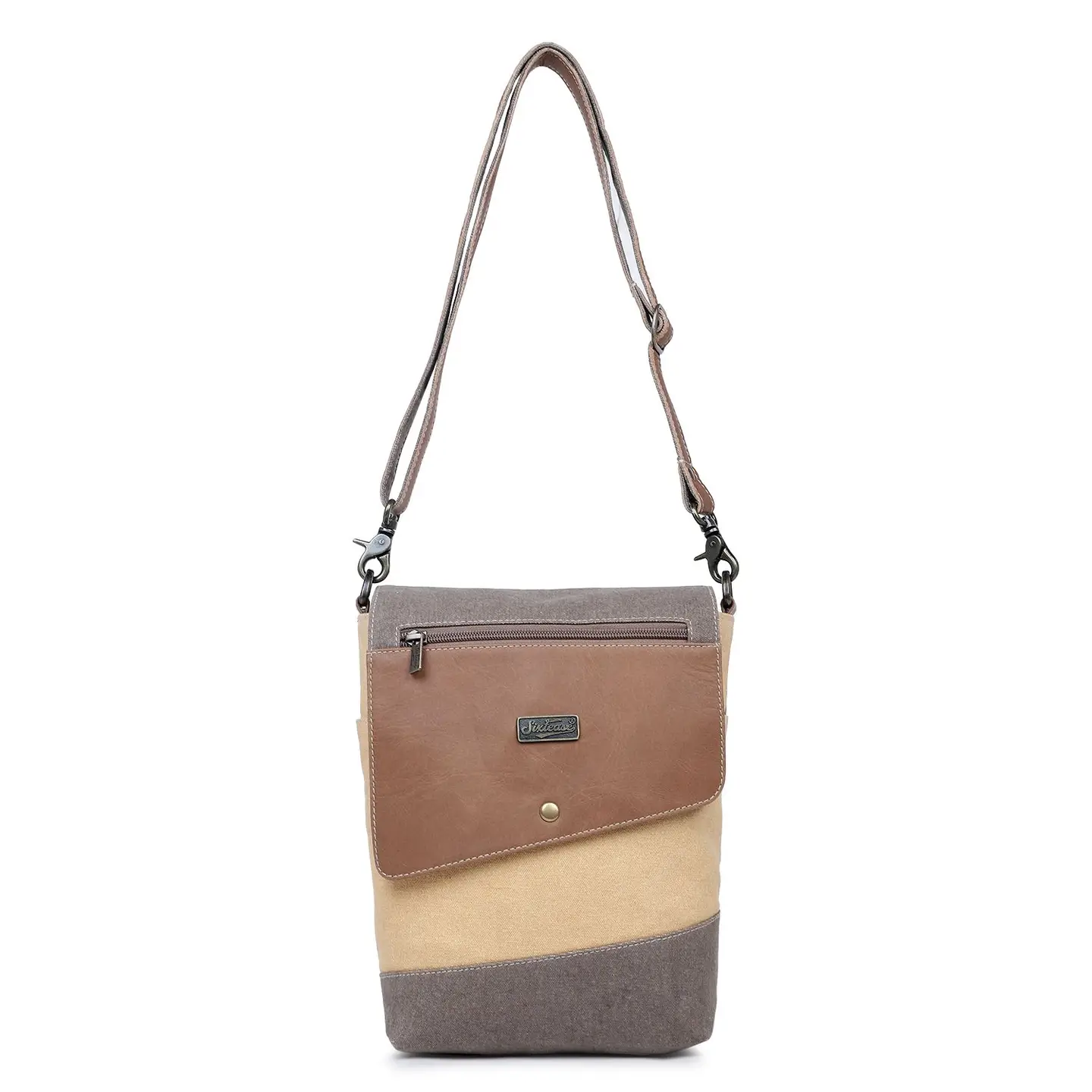 Canvas + Leather Colorblock Crossbody Bag - Tan