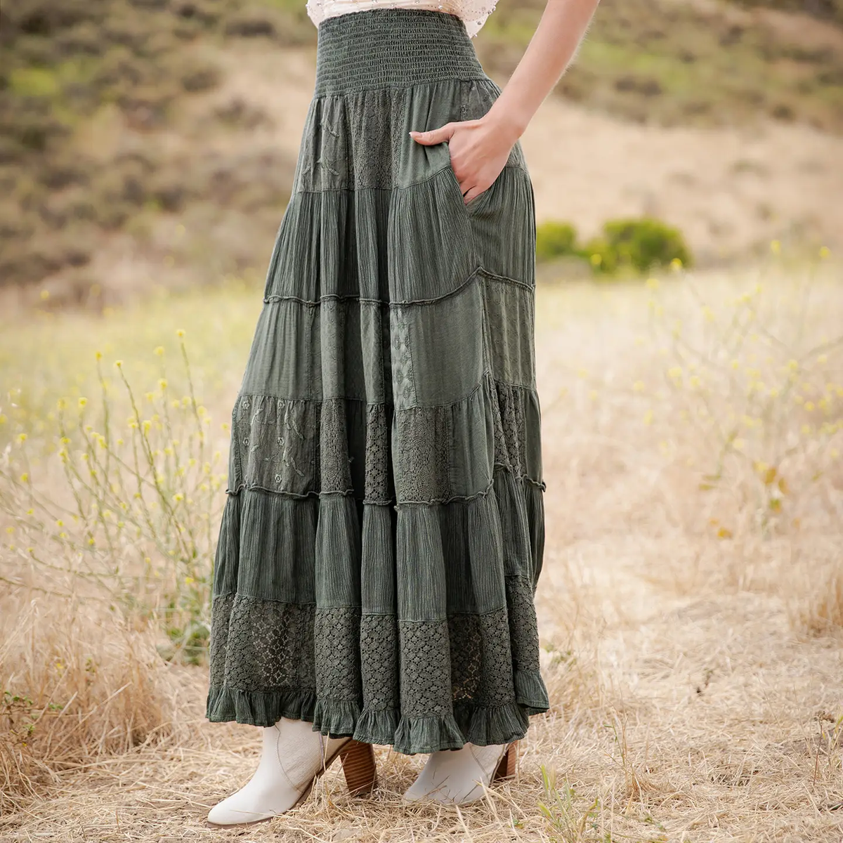 Ruffle Hem Smocked Yoke Lace Skirt