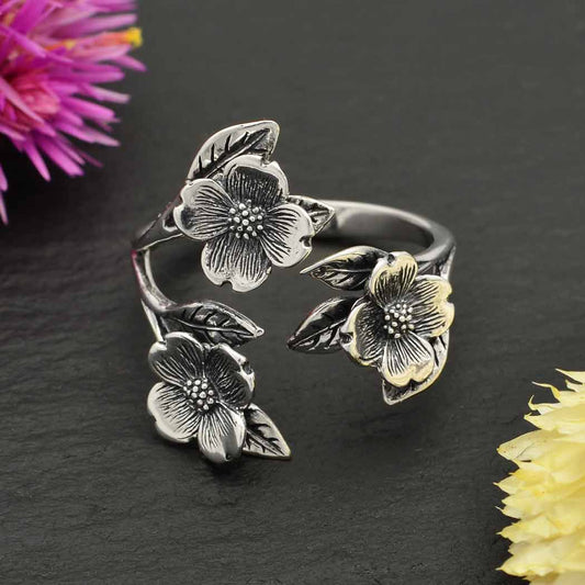 Dogwood Flower Leaf Ring Adjustable