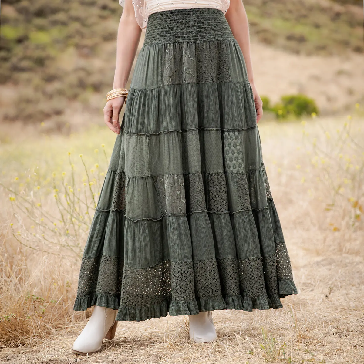 Ruffle Hem Smocked Yoke Lace Skirt