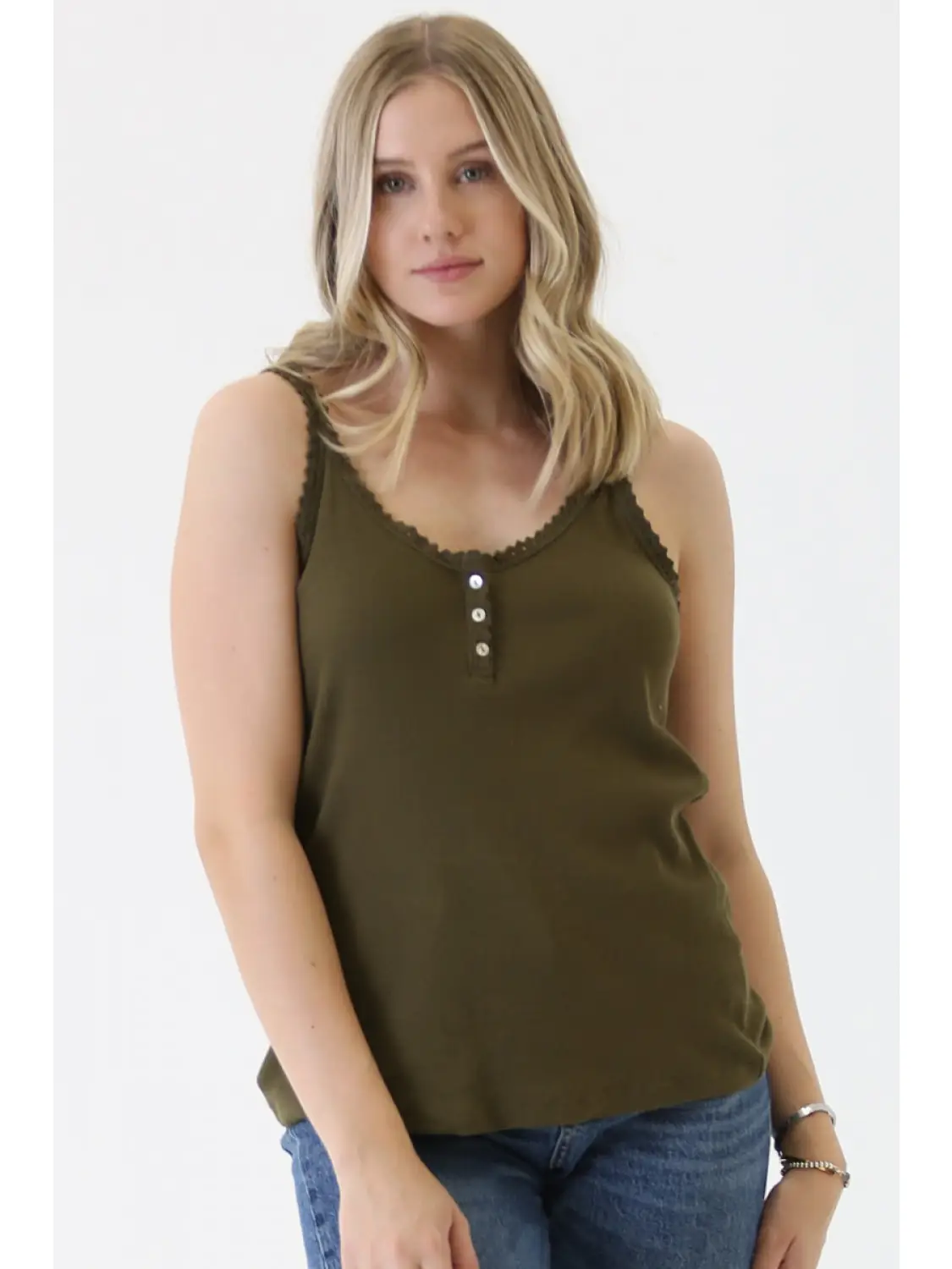 Rib Knit Lace Trim Henley Tank Top