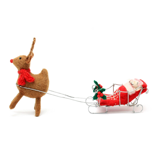 Felted Sleeping Mice on Sleigh w/ Reindeer