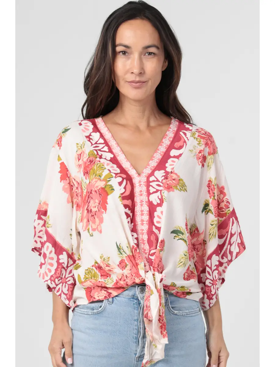 V-Neck Tie Waist Kimono Sleeve Top