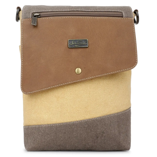 Canvas + Leather Colorblock Crossbody Bag - Tan