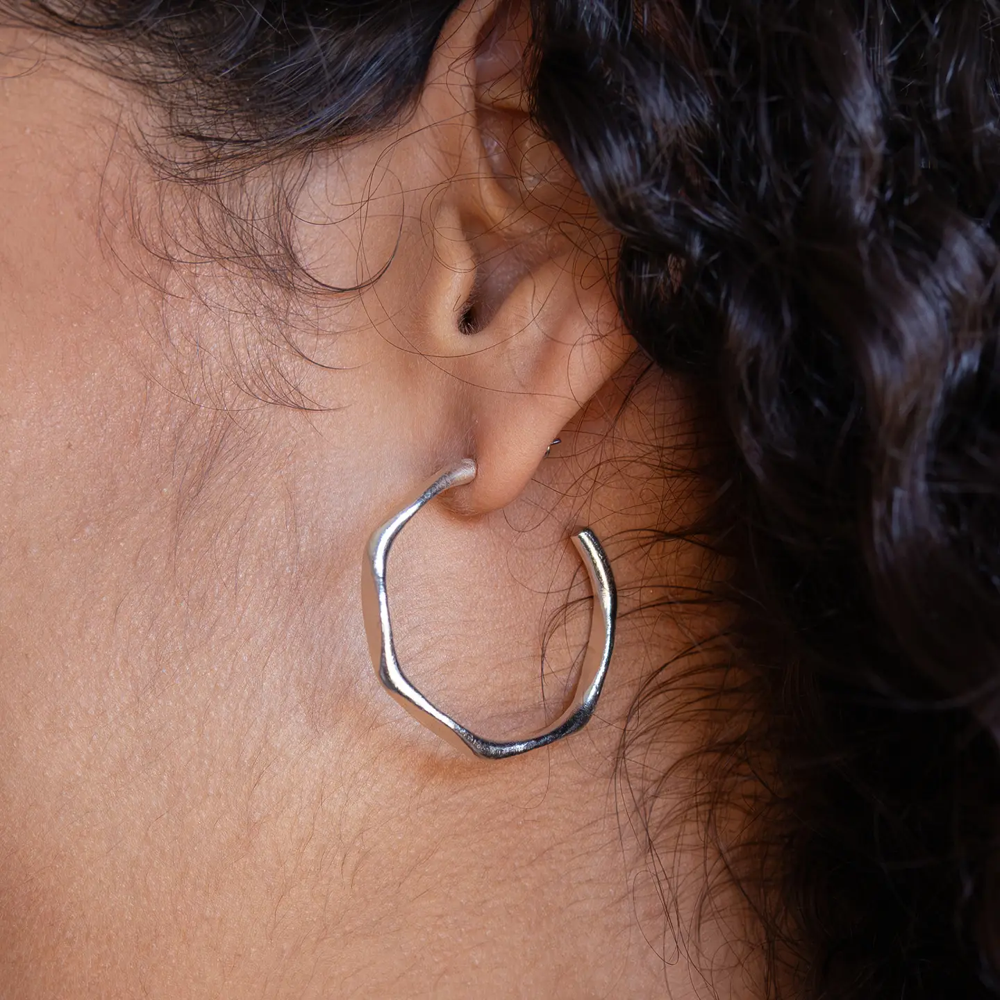 Hexagonal Hoop Silver Earrings