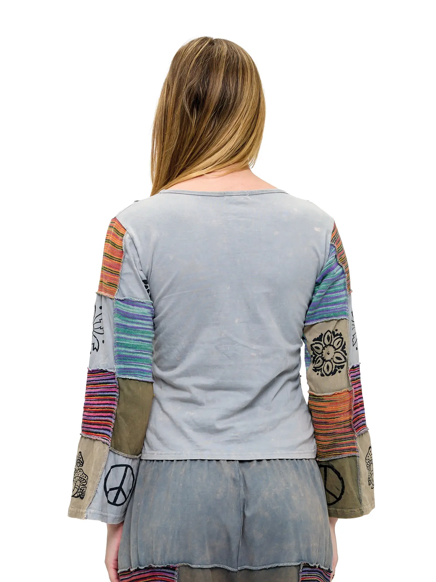 Art Painted Long Sleeve Patchwork Top Bell Sleeves