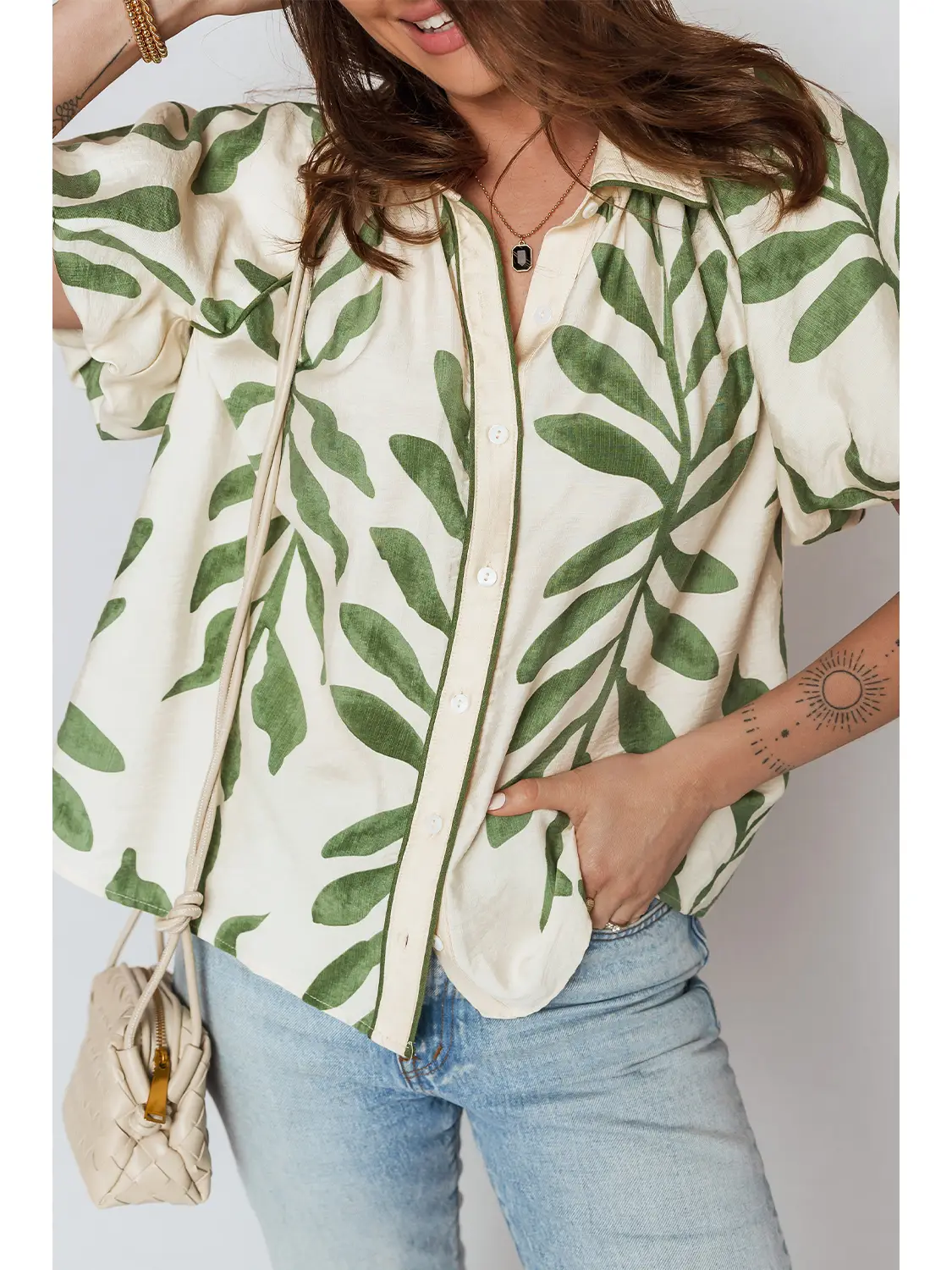 Green Leaf Print Balloon Sleeve Top
