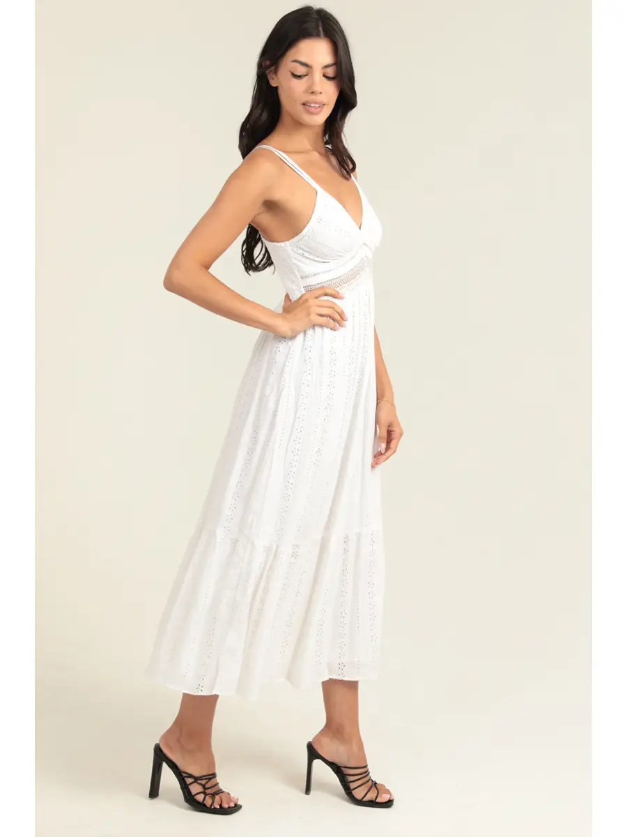 Eyelet Embroidered Midi Dress with Lace Inset