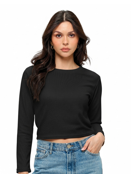 Waffle Knit Cropped Long Sleeve Top