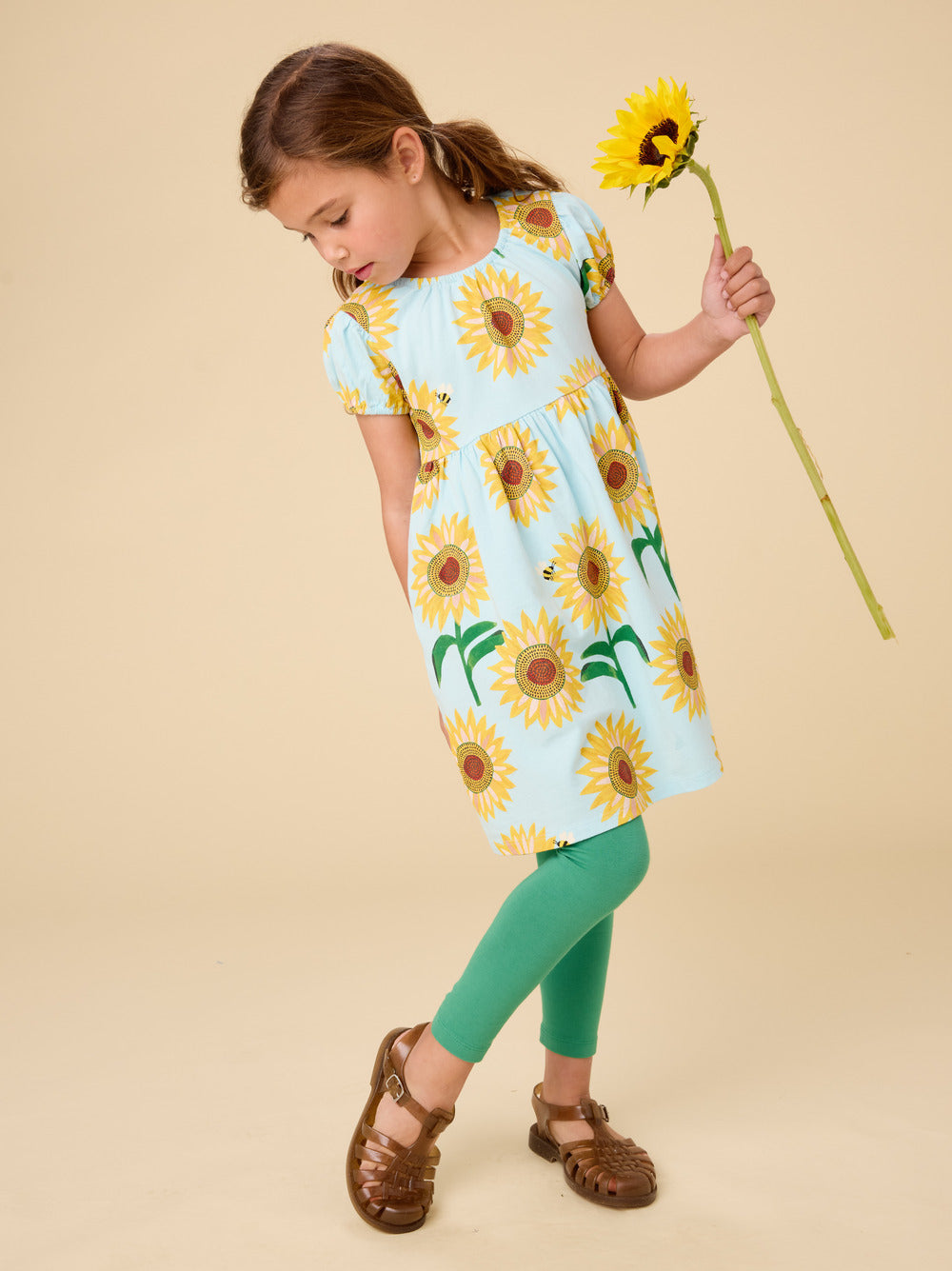 Girls Puff Sleeve Sunflower Dress