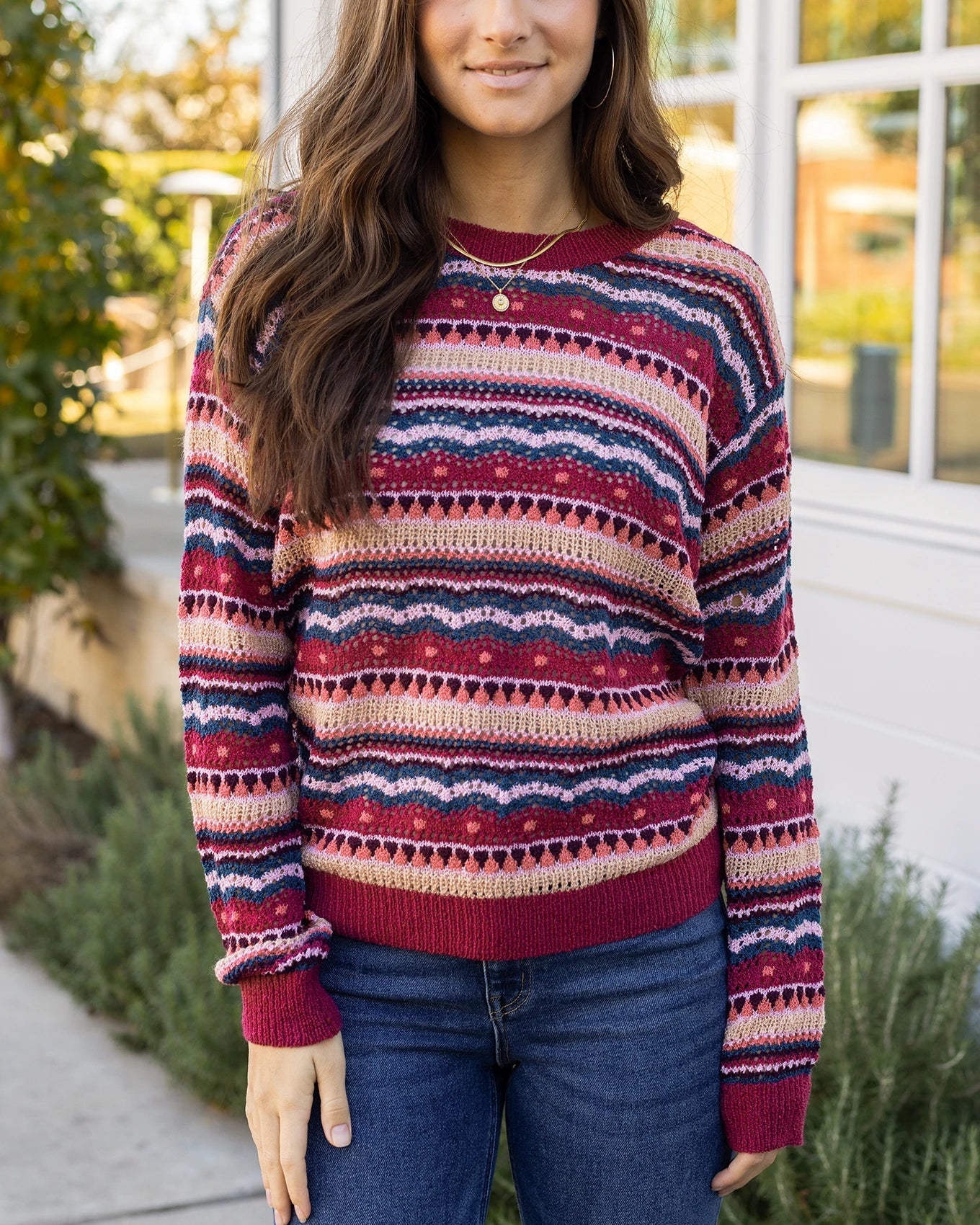 Pointelle Striped Sweater