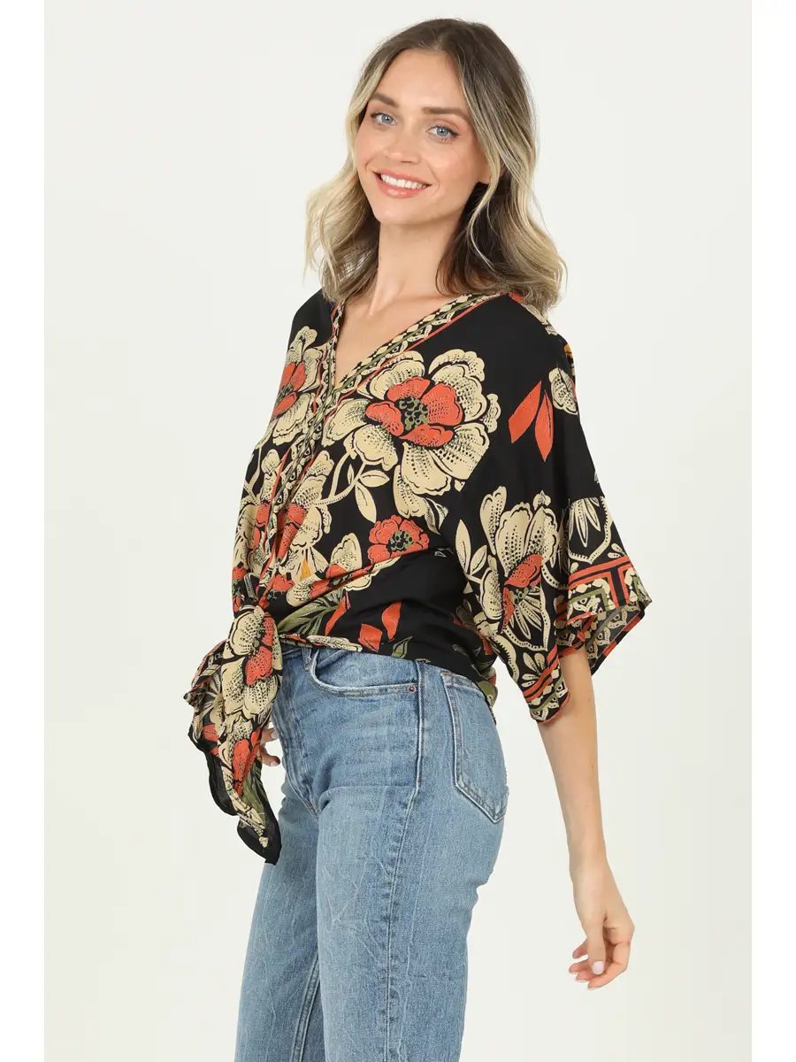 V-Neck Tie Waist Kimono Sleeve Top