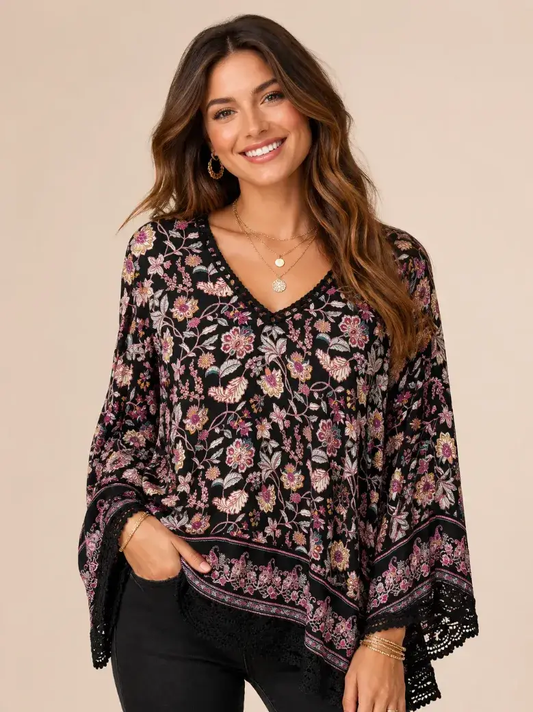 3/4 Sleeve Crochet Trim Blouse
