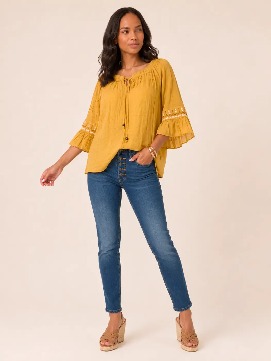 Amber Bloom Embroidery Peasant Top