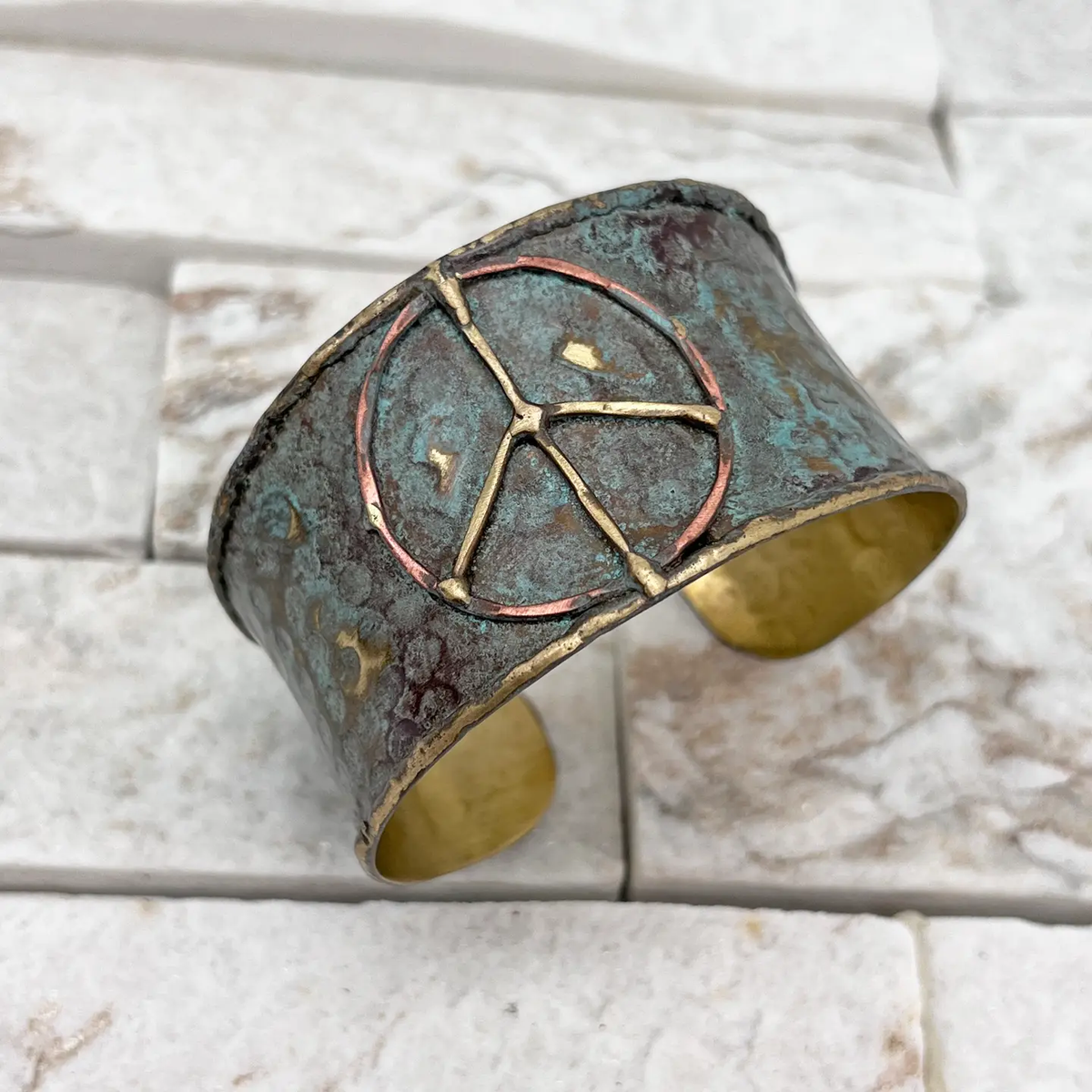 Peace Sign Brass Patina Cuff Bracelet