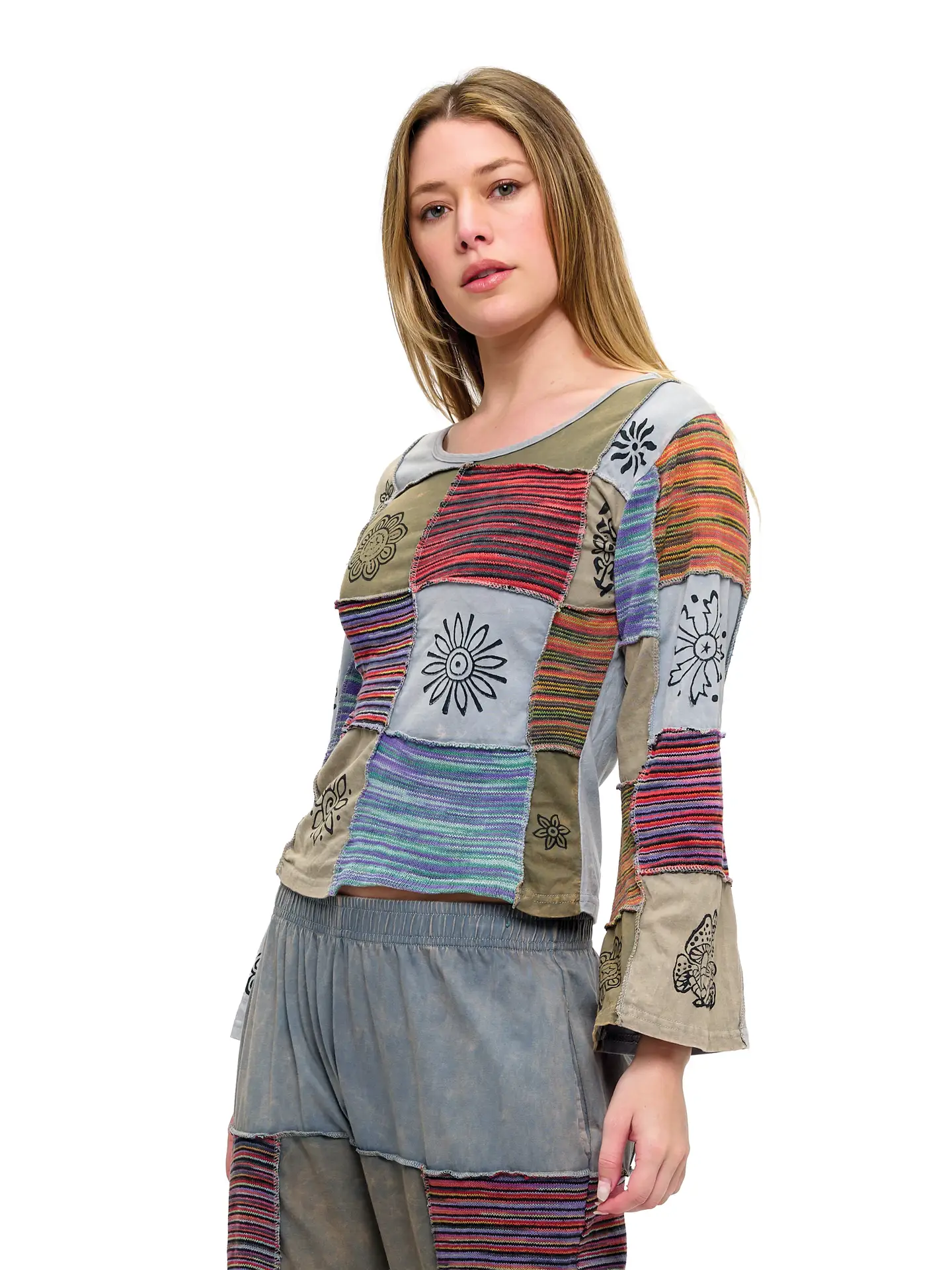 Art Painted Long Sleeve Patchwork Top Bell Sleeves