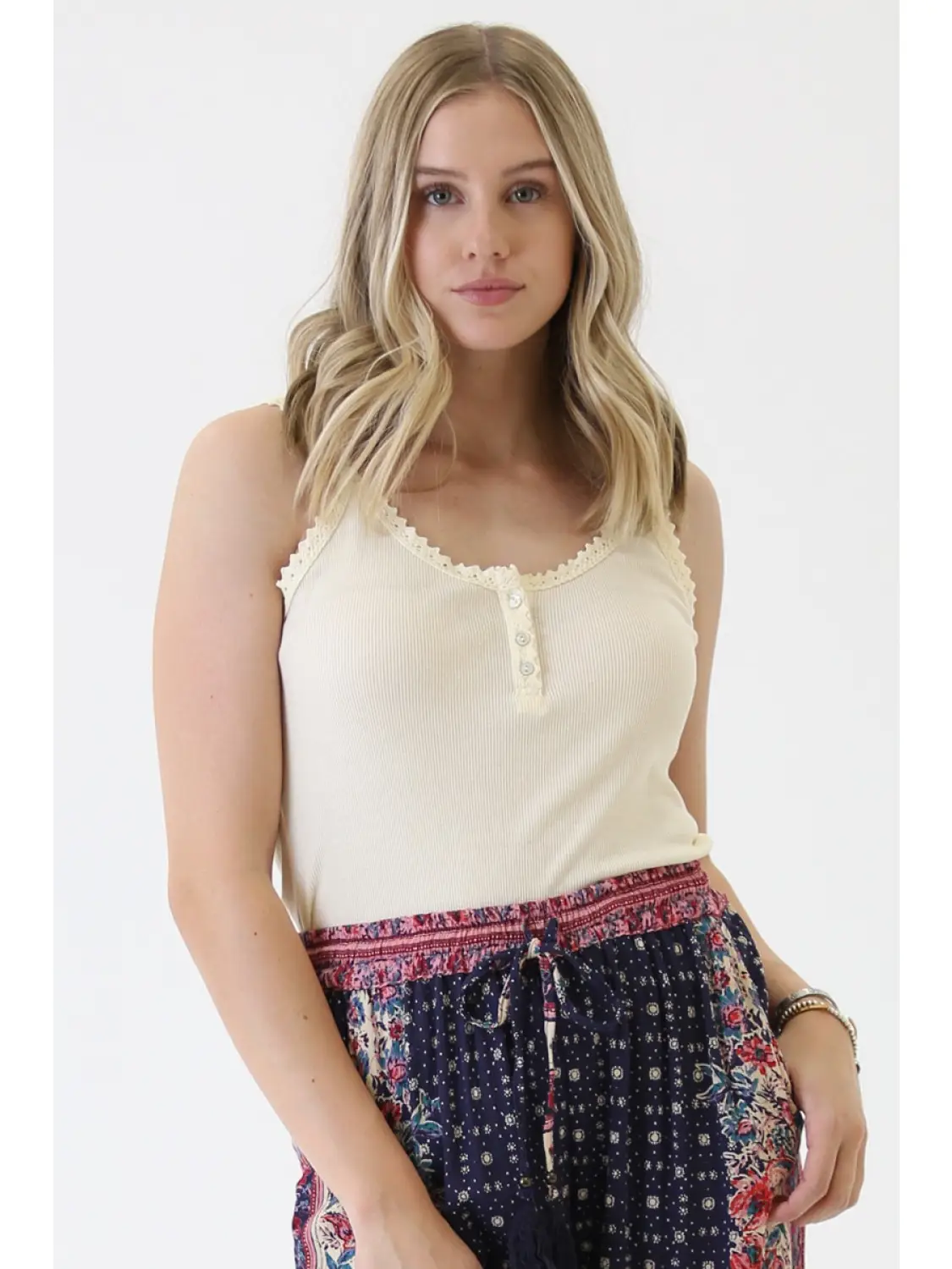 Rib Knit Lace Trim Henley Tank Top
