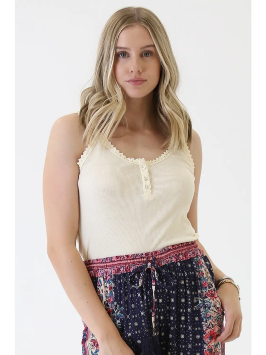 Rib Knit Lace Trim Henley Tank Top