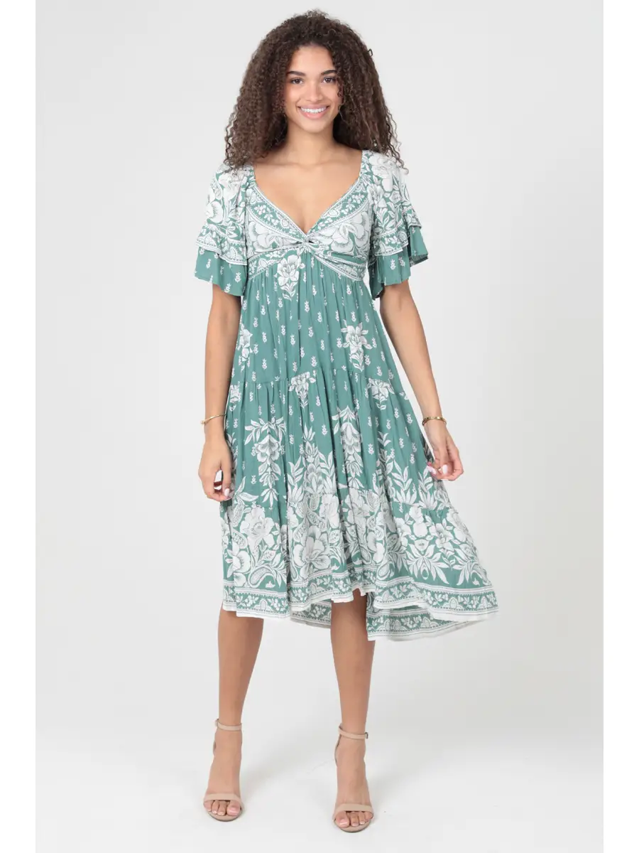 Twist Front Ruffle Sleeves Midi Dress