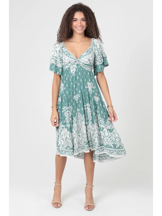 Twist Front Ruffle Sleeves Midi Dress