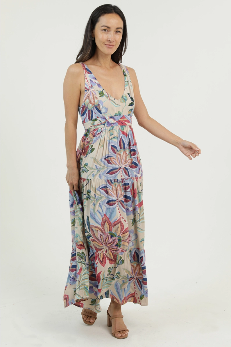 Printed Maxi Dress with Open Tie Back Deta