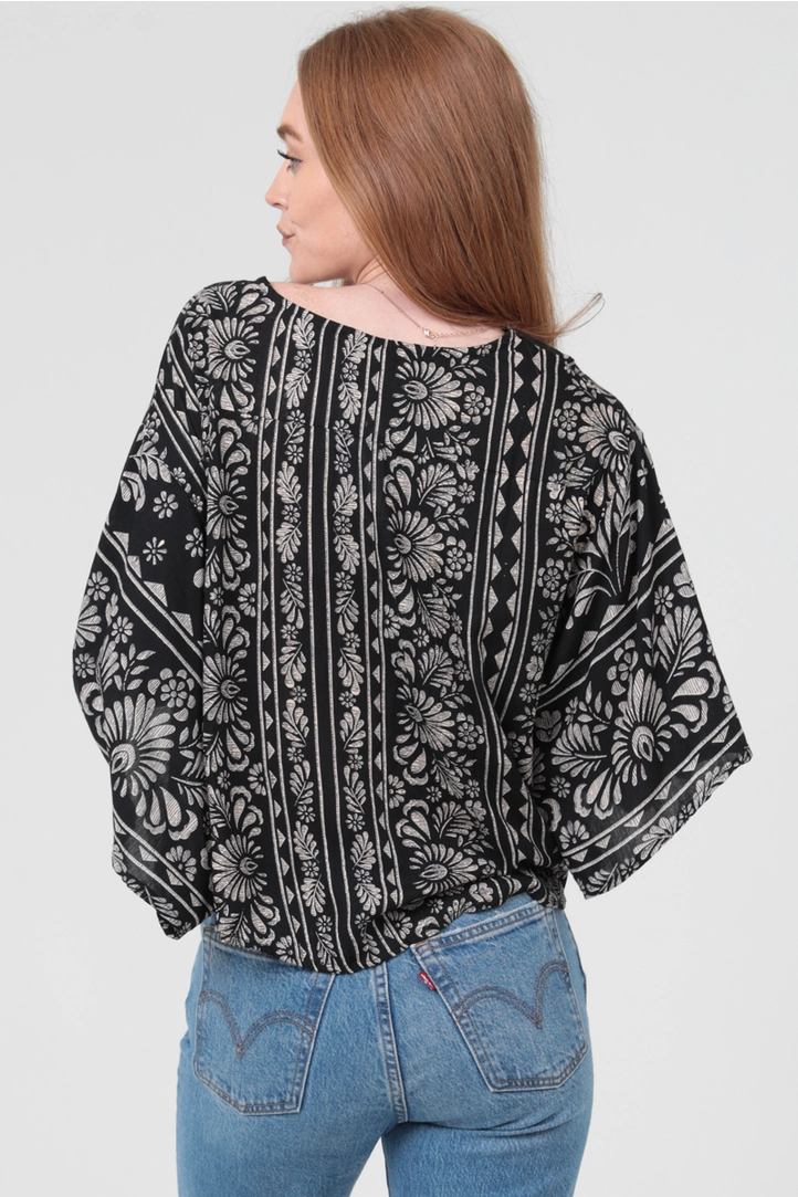 V-Neck Tie Waist Kimono Sleeve Top