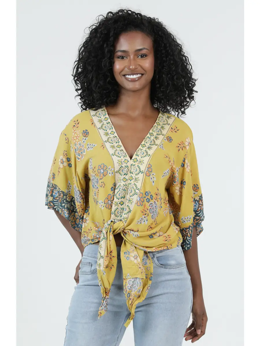 V-Neck Kimono Sleeve Tie Waist Blouse