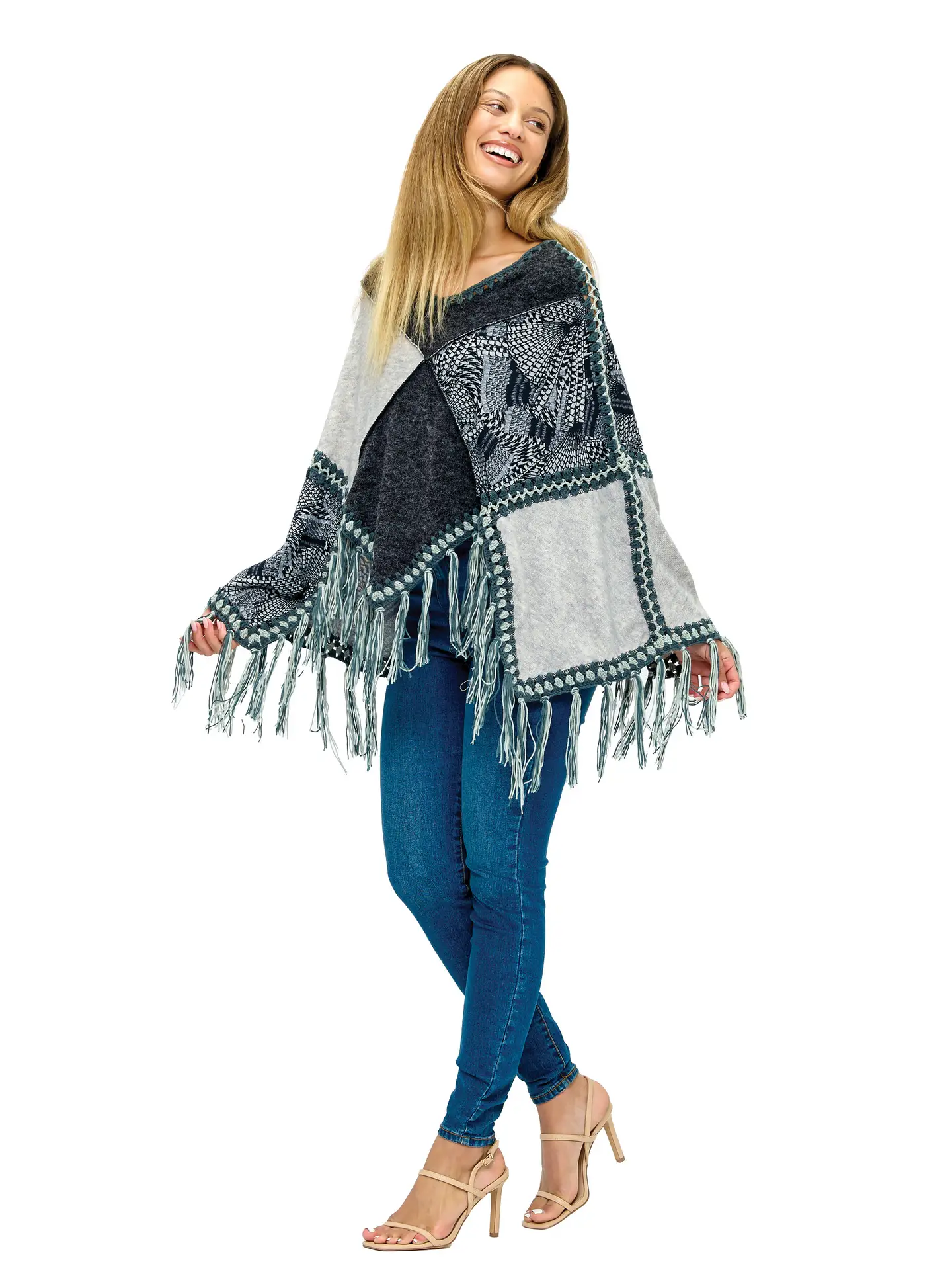 Patchwork Poncho With Fringe