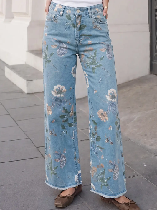 Retro Floral Print Frayed Hem Shift Jeans