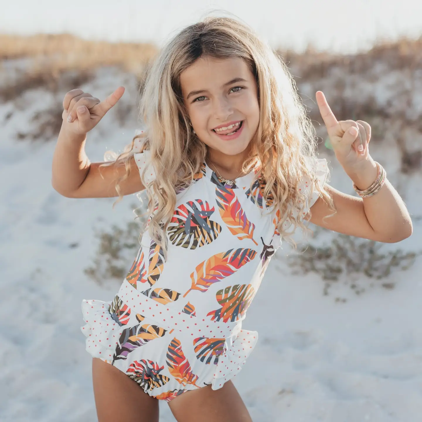 Girls Tropical Leaf Open Back One Piece Swimsuit