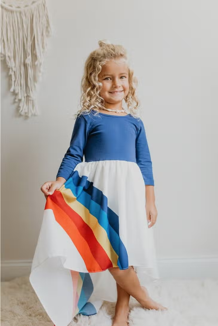 Girls Rainbow Dress Wide Stripes