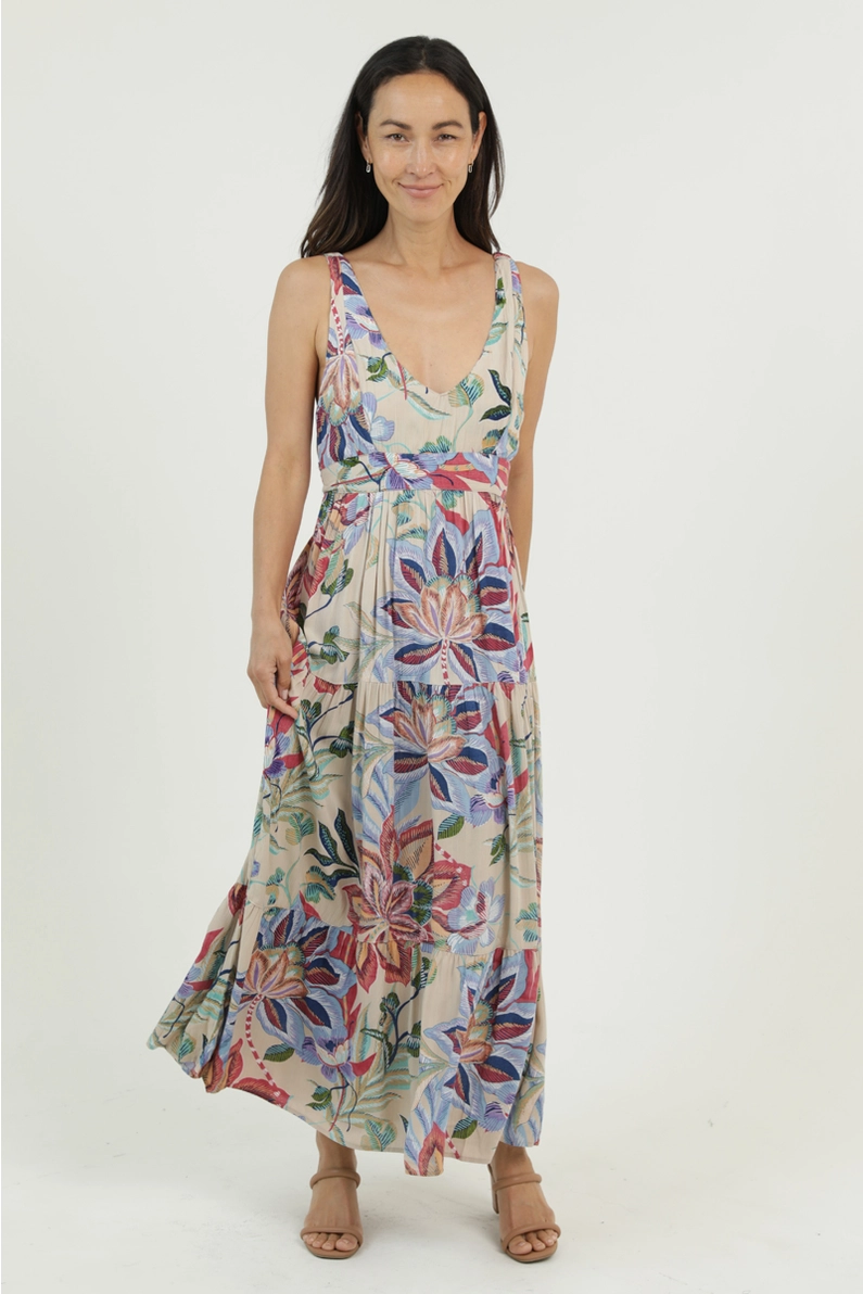 Printed Maxi Dress with Open Tie Back Deta