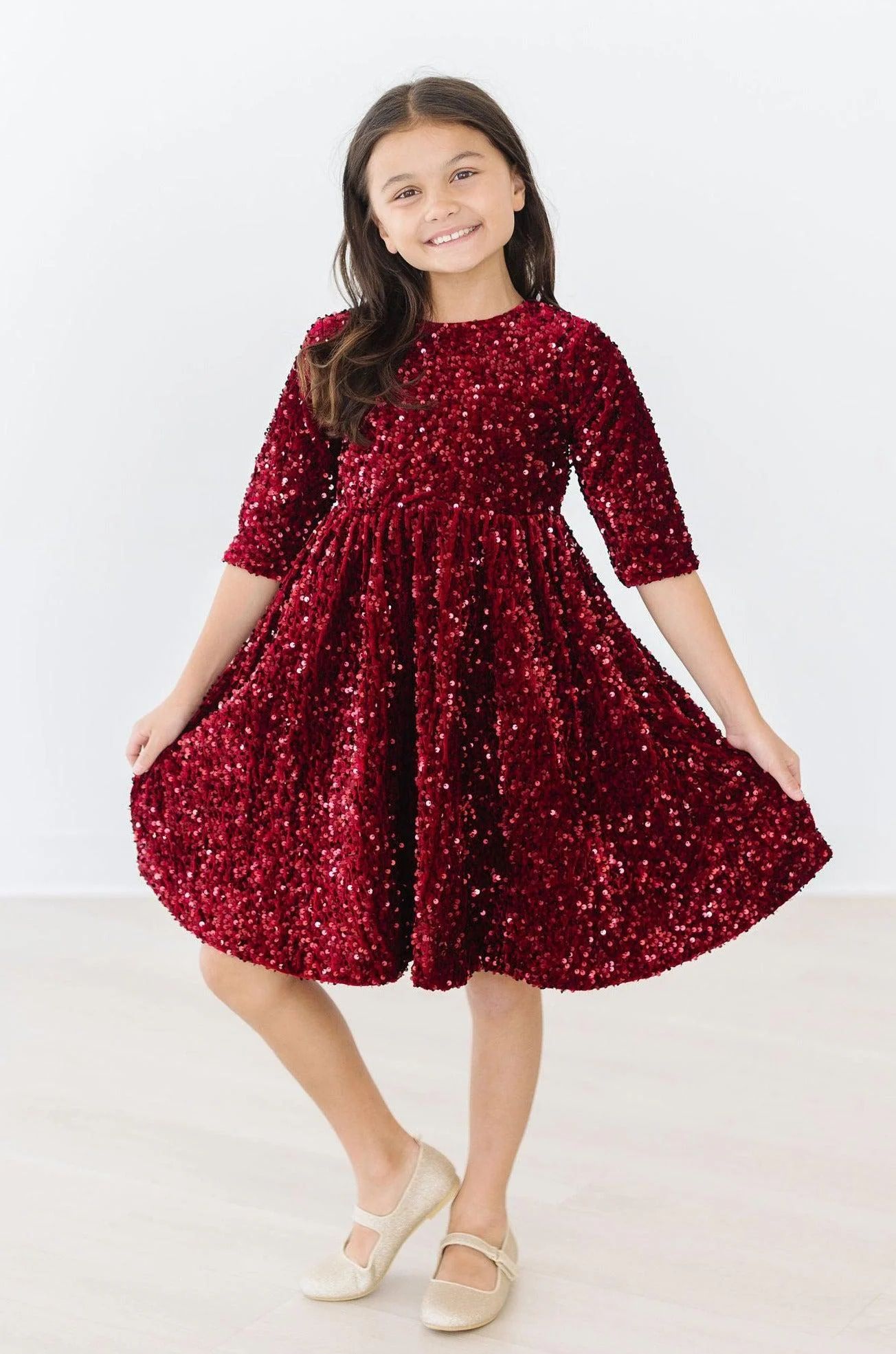 Girls Cranberry Velvet Sequin Dress