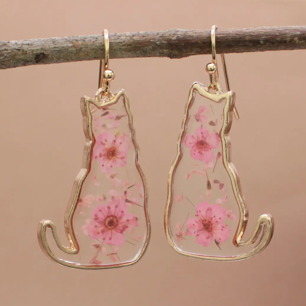 Feline Friend Cat Dried Flowers Earrings