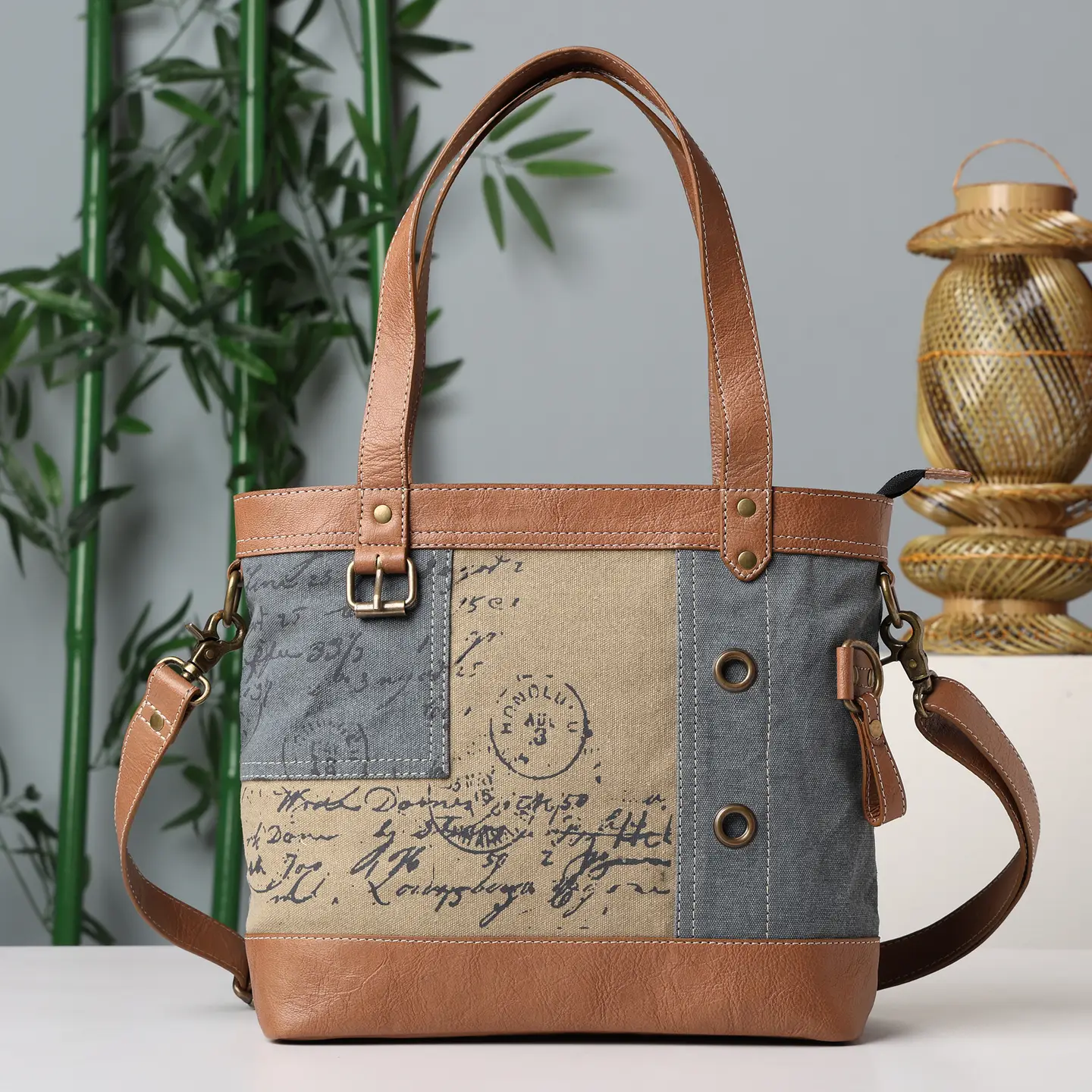 Vintage Script Tote Crossbody Dusty Blue