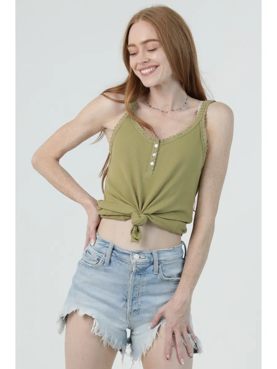Rib Knit Lace Trim Henley Tank Top