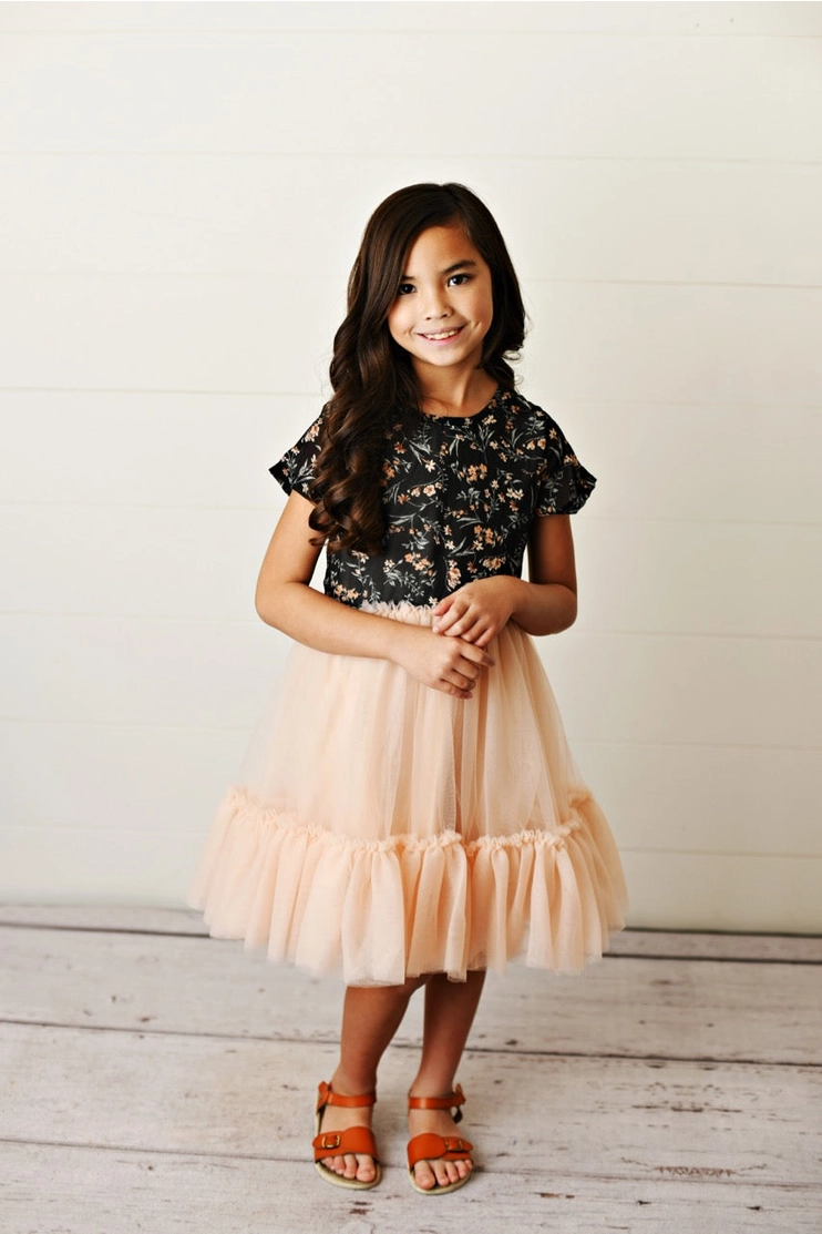 Girls Black + Peach Floral Tulle Dress