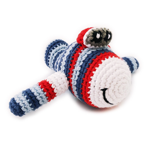 Blue Plane Knit Baby Rattle