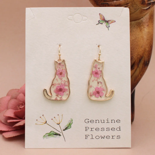 Feline Friend Cat Dried Flowers Earrings