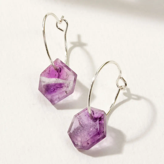 Geometry Mini Hoop Earrings- Silver Amethyst