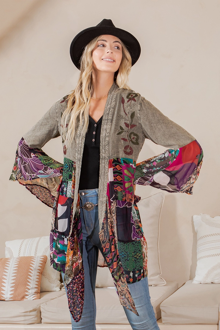 Embroidered Long Kimono With Pockets