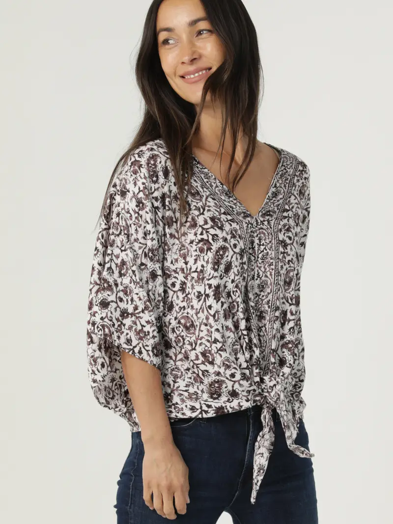 V-Neck Tie Waist Kimono Sleeve Top