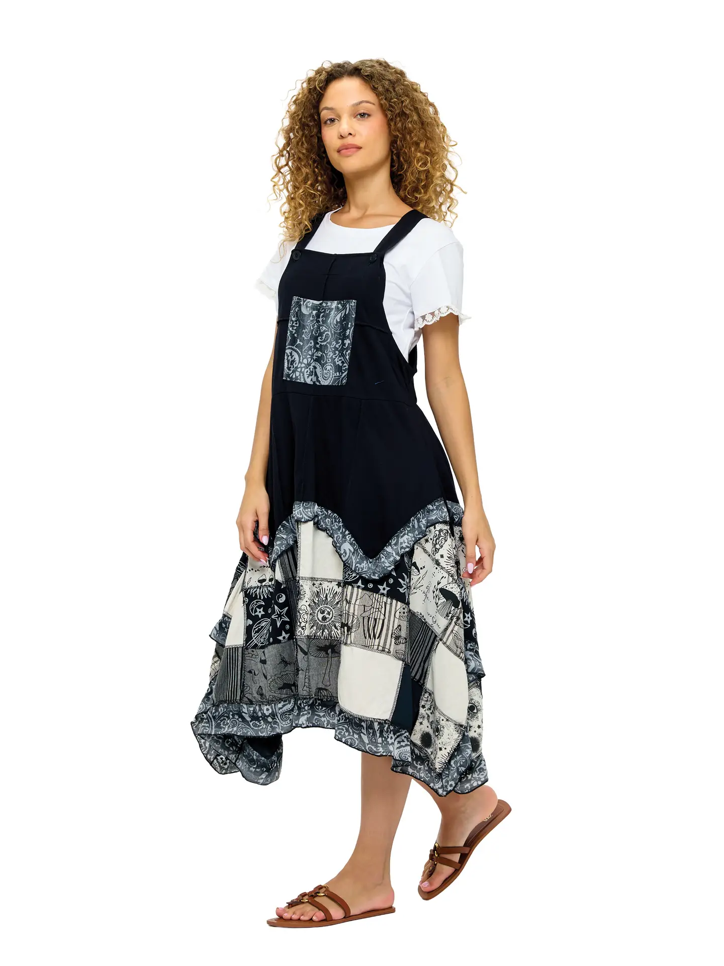 Hippie Print Patch Overall Dress