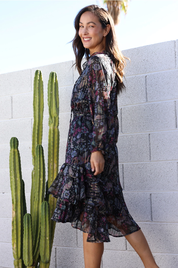 Lurex Long sleeve Tie Waist Dress