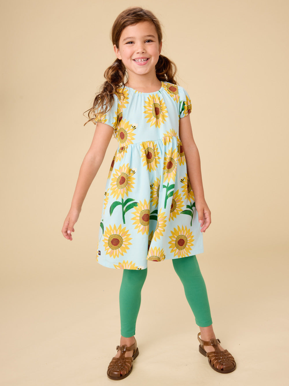 Girls Puff Sleeve Sunflower Dress
