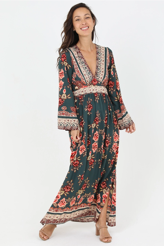 V-Neck Wide Sleeve Printed Kimono Dress