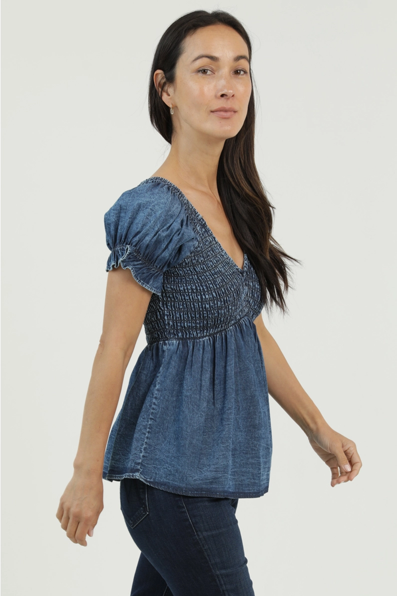 Smocked Bodice Puff Sleeve Denim Top