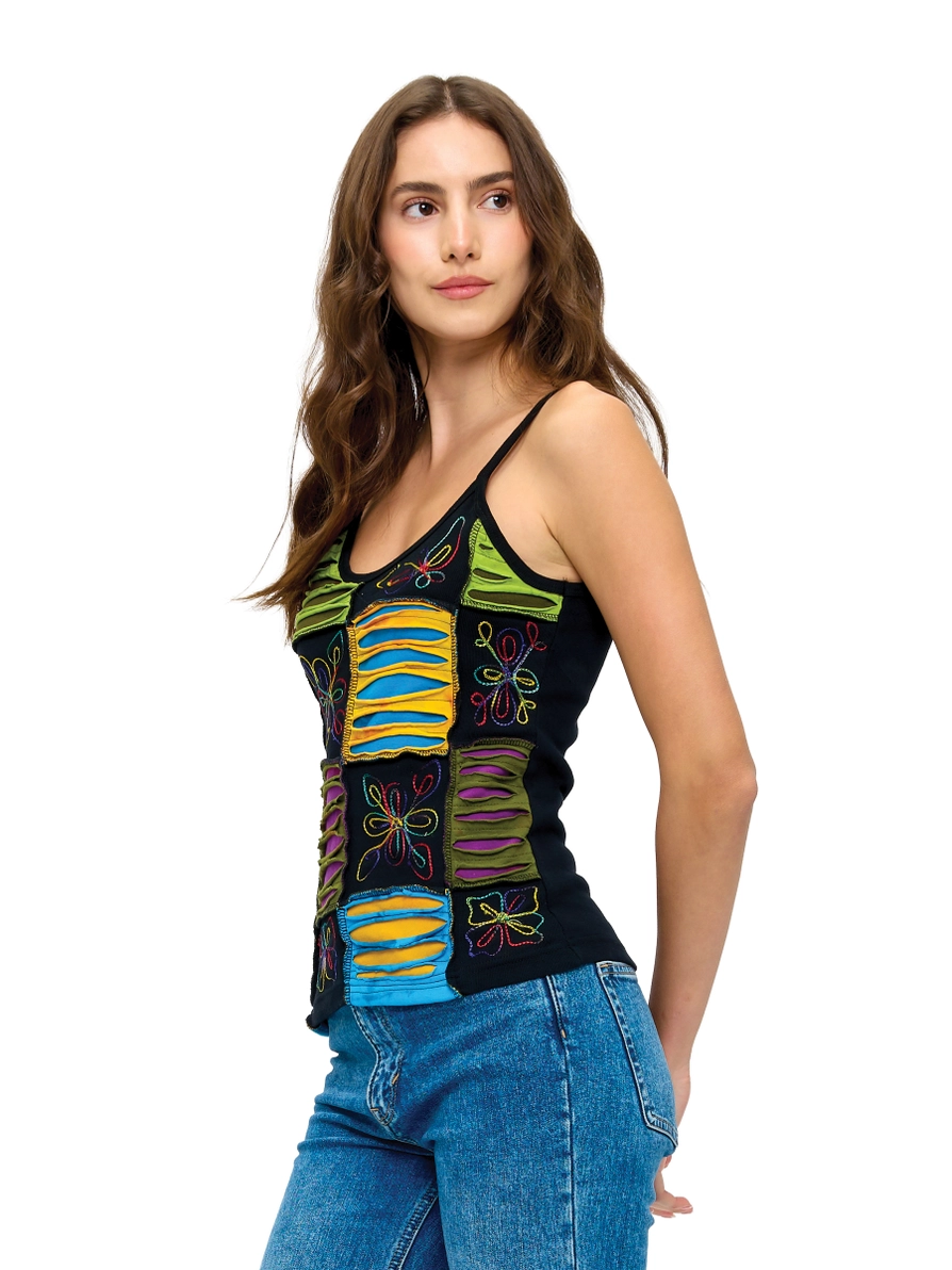 Razor Cut Patchwork Embroidered Tank Top